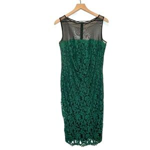 TADASHI SHOJI Green Lace Sleeveless Sheath Cocktail PartyDress Size 12 Sheer Top